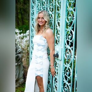 Anthropologie Strapless Dress w/ Light Blue Bows. Worn once (Just for pictures)